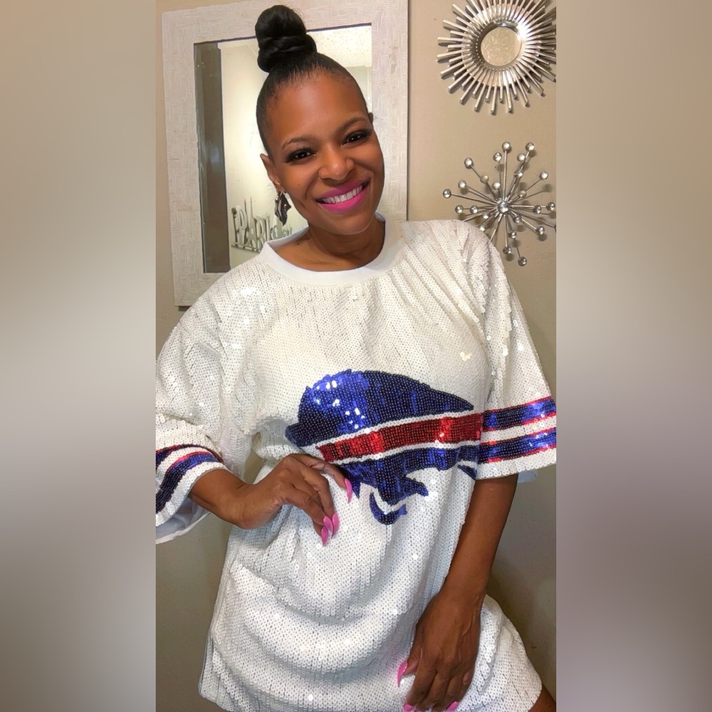 Sale‼️Buffalo Bills sequin dress. White Sequin T-Shirt with Blue and Red Buffalo - Picture 7 of 11